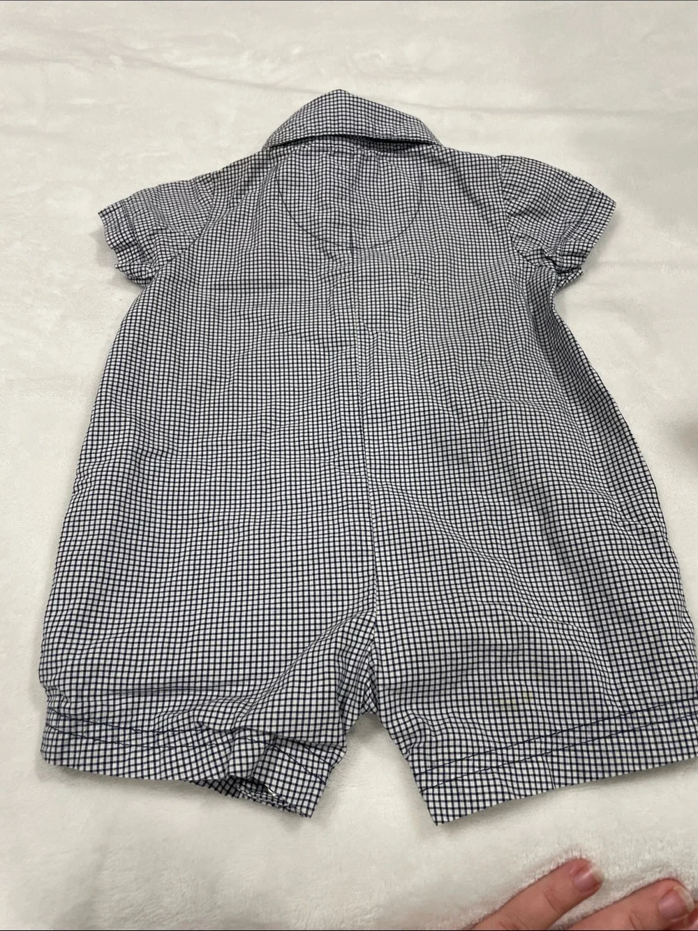 Navy and White Gingham Short Sleeve Romper with Yellow Dino Accent